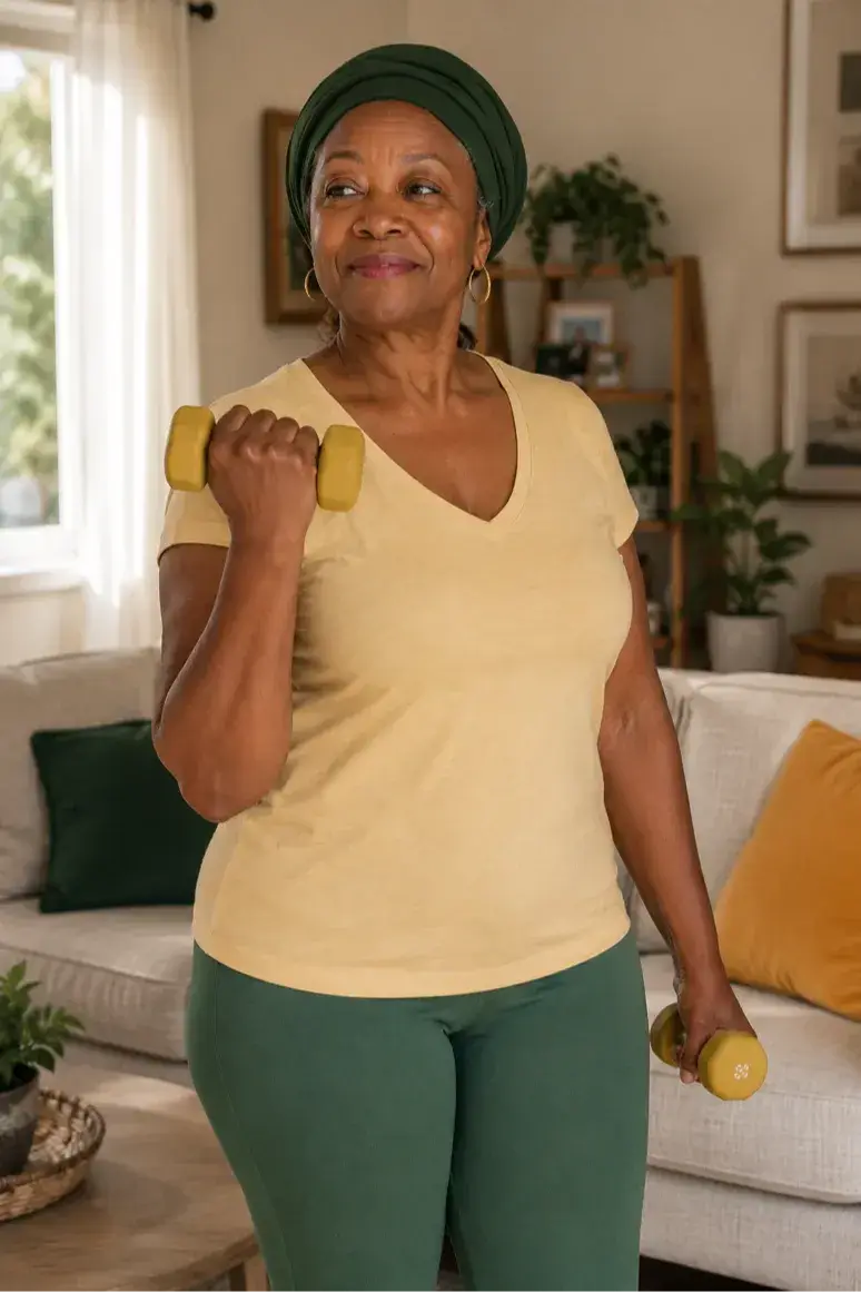 A woman in her early 60s lifts a light dumbbell in her sunlit living room with a confident, relaxed half smile. The moment shows how strength training, not chasing a protein number, is what actually builds a stronger body.