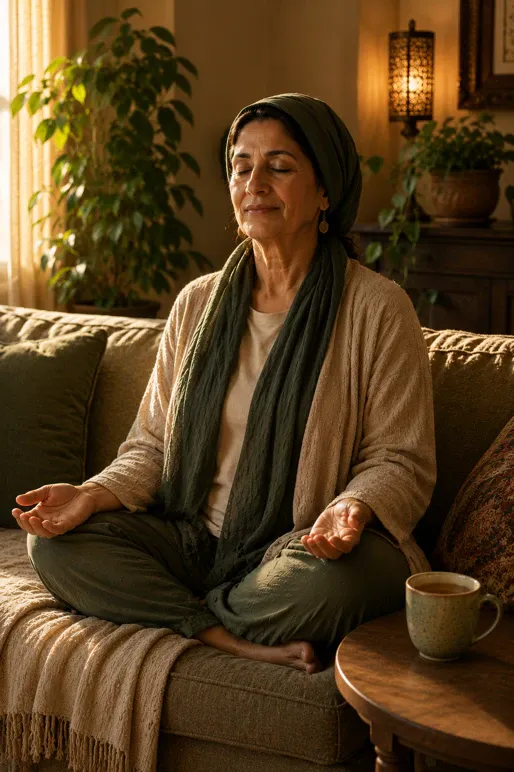 A Middle Eastern woman in her mid-60s sits quietly on a cozy sofa with her eyes closed and hands resting in her lap, a cup of herbal tea beside her. Giving the nervous system genuine rest is one of the most underrated tools for managing inflammation and weight loss over time.