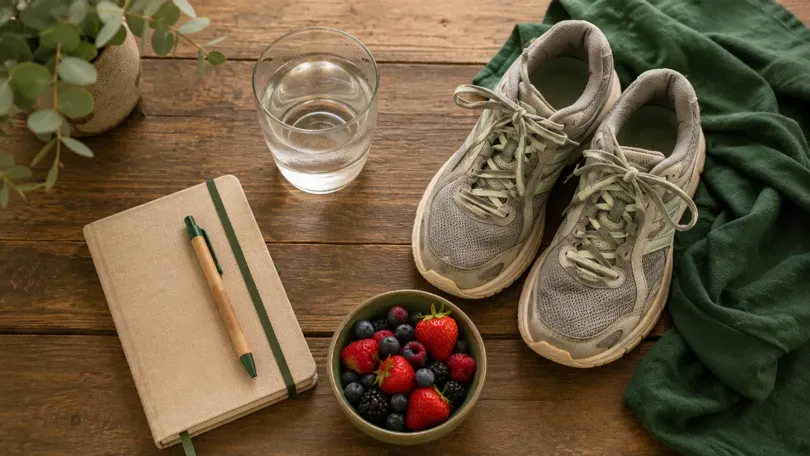 Walking shoes, a journal, water, and fresh berries are arranged simply on a wooden table in soft daylight. 