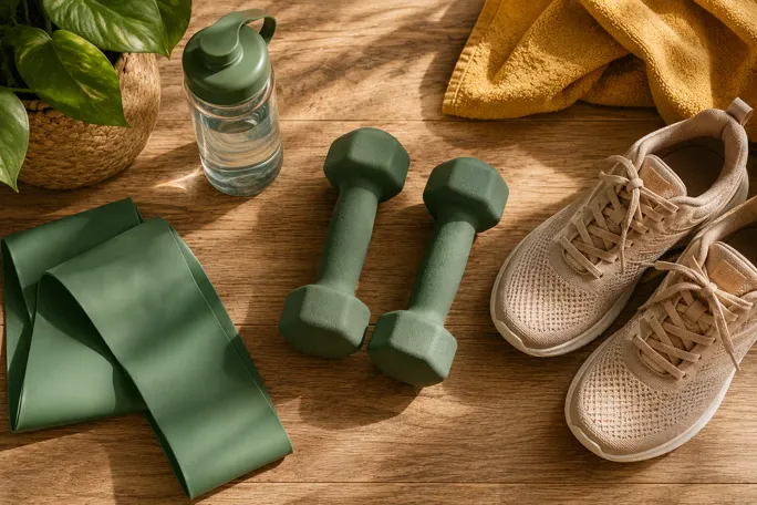 Lightweight dumbbells, a resistance band, and athletic shoes arranged on a warm wooden surface, representing an accessible walking and strength training toolkit designed for women over 50 who want sustainable, real-life movement without a gym membership.