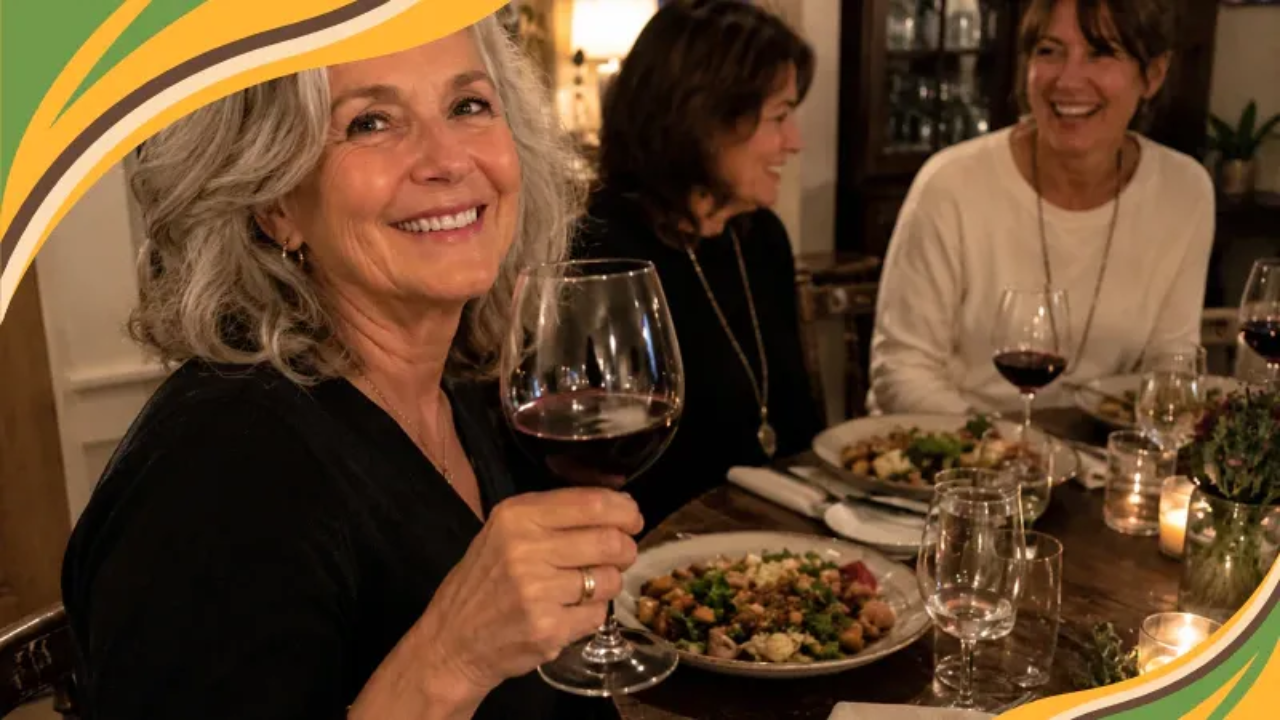 Three women in their 50s and 60s enjoy a warm dinner together, laughing and sharing food at a candlelit restaurant table. The woman in the foreground holds a glass of red wine, her plate filled with a colorful, nourishing meal. This image reflects the real social moments at the heart of understanding alcohol and food cravings, and how women over 50 can enjoy life without losing their healthy momentum.