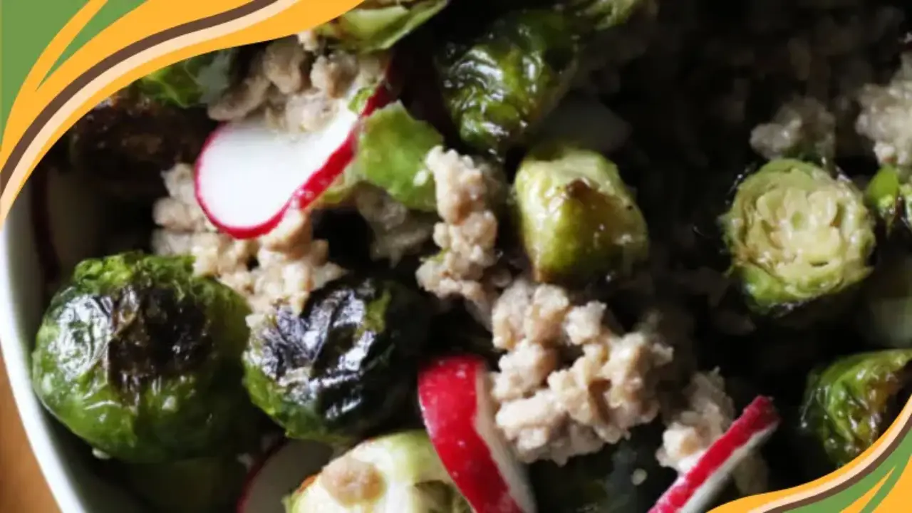 Roasted Brussels sprouts with ground turkey and fresh radish slices in a white bowl, perfect for a healthy meal.