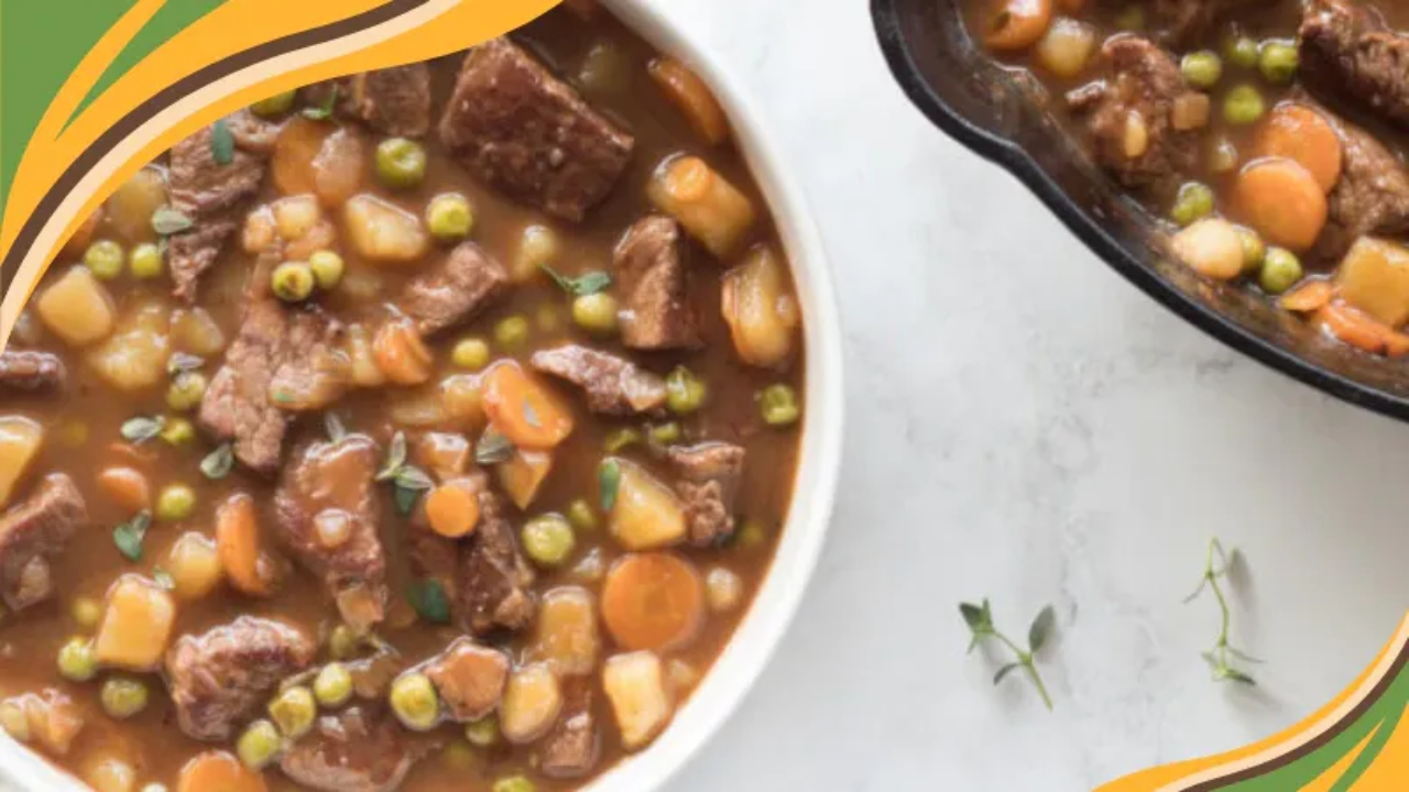 Crustless beef pot pie in a white bowl on a white tabletop