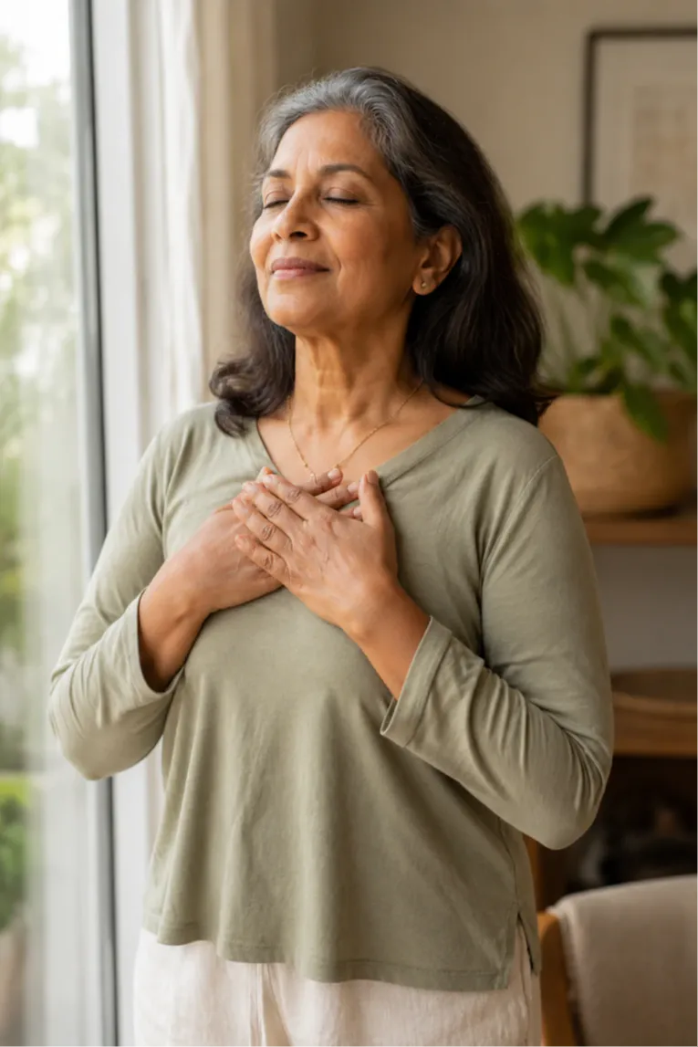 A South Asian woman in her early 60s stands near a sunlit window with her eyes closed and hands resting on her heart, breathing deeply and intentionally. This moment of self-compassion reflects the weight loss mindset work at the heart of Get Real Weight Loss. Authentic, peaceful, and empowering for women over 50.
