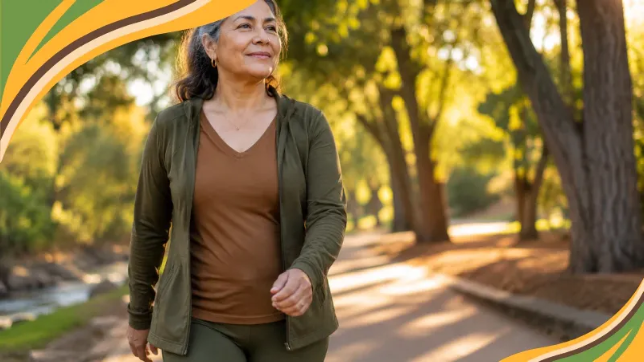 A confident Hispanic woman in her 60s walks along a sun-dappled tree-lined path in warm athletic wear, embodying the Get Real approach to walking and strength training as a sustainable path to weight loss for women over 50. The scene is natural, peaceful, and full of quiet determination.