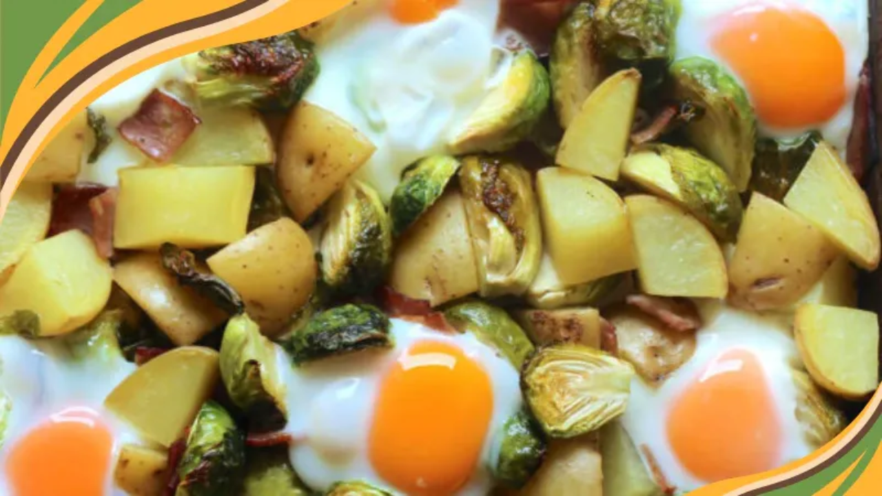 Sheet pan breakfast with roasted potatoes, Brussels sprouts, crispy bacon, and sunny-side-up eggs.