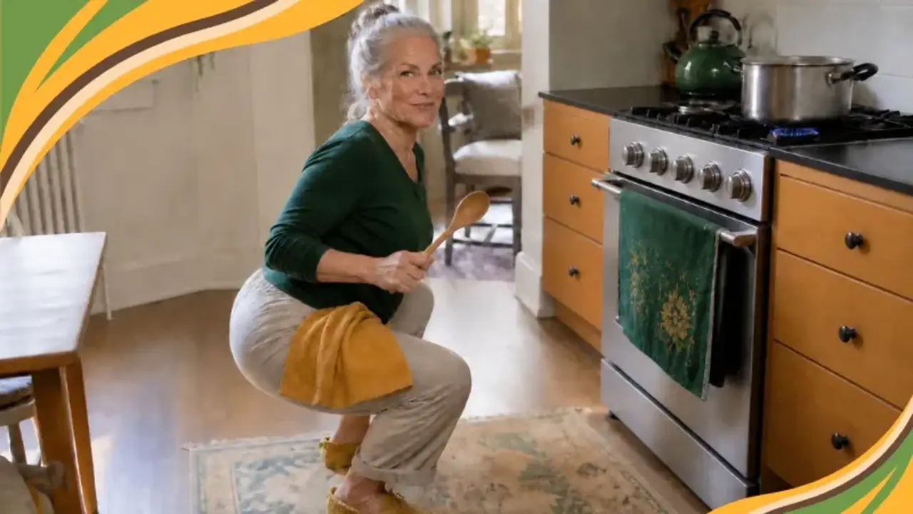 A woman in her early 60s does a playful squat in her kitchen while dinner simmers, wooden spoon in hand like a rep counter. The candid moment shows how strength training for longevity can fit into real, everyday life instead of a gym schedule.
