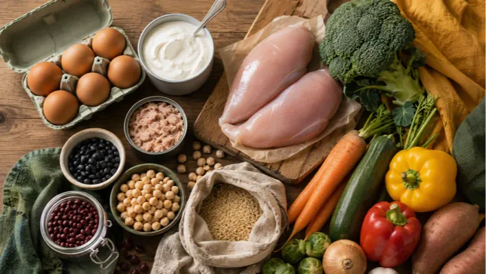 A flat-lay of real food staples, eggs, Greek yogurt, chicken, beans, and fresh vegetables, arranged on a wooden surface. The simple spread reflects the grocery shopping habits behind sustainable, real-food weight loss for women over 50.