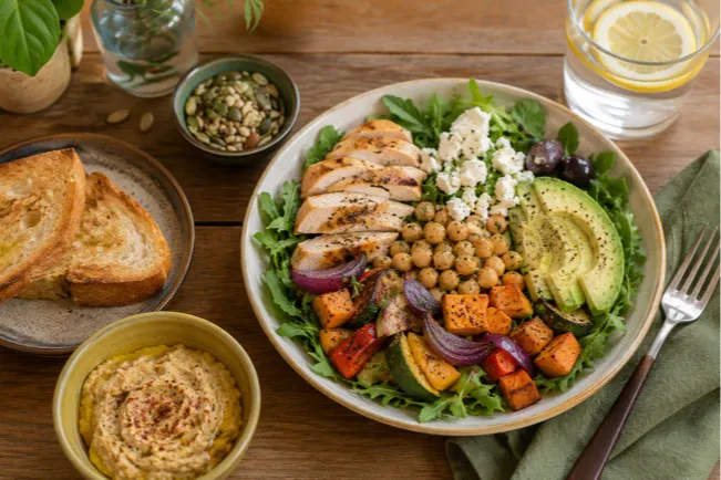 Overhead view of a colorful healthy meal on a wooden table, featuring a large salad bowl with grilled chicken, avocado slices, chickpeas, roasted sweet potatoes, red onion, leafy greens, olives, and crumbled cheese. Surrounding the bowl are toasted bread, hummus, mixed seeds, and a glass of lemon water, creating a fresh, balanced meal scene.