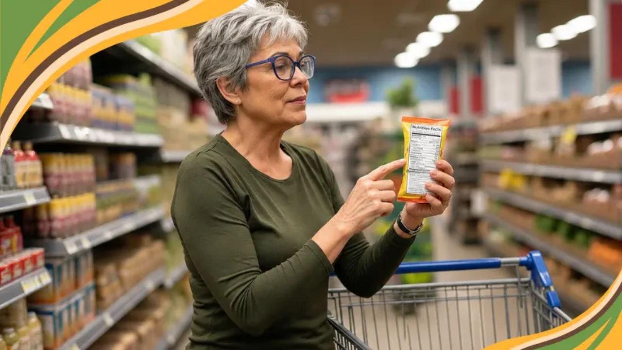 Coach Deb stands in a grocery aisle, reading a snack label with a skeptical, amused raised eyebrow.