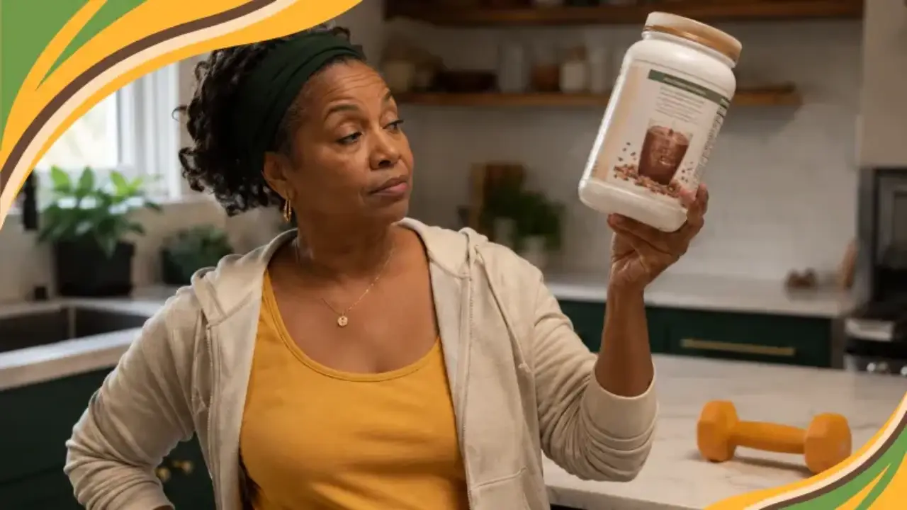 An African American woman in her late 50s holds up a tub of protein powder in her kitchen with a flat, deadpan, unimpressed stare, a light dumbbell resting on the counter behind her. The candid moment captures the message behind this post: protein obsession is out of control, and real food and strength training matter more than the label.
