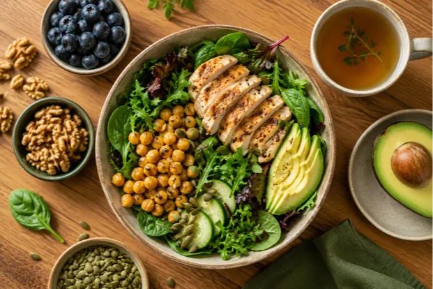 An overhead flat-lay of nourishing whole foods on a warm wooden surface, including a protein salad, avocado, blueberries, walnuts, and herbal tea. These are the kinds of real foods that can help calm inflammation and support weight loss in a sustainable, gentle way.