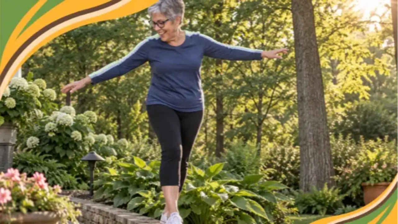 Coach Deb walks the low stone edging of a garden bed with her arms stretched out for balance, laughing as she goes. The playful moment shows what balance training over 50 is really for: moving through your own life without thinking twice.