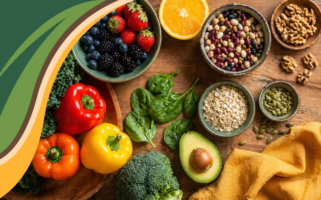 A top-down arrangement of colorful, fiber-rich whole foods including leafy greens, berries, beans, oats, and nuts on a warm wooden surface. These are the real foods that support gut health every day, exactly the kind of nourishment we talk about at Get Real Weight Loss.