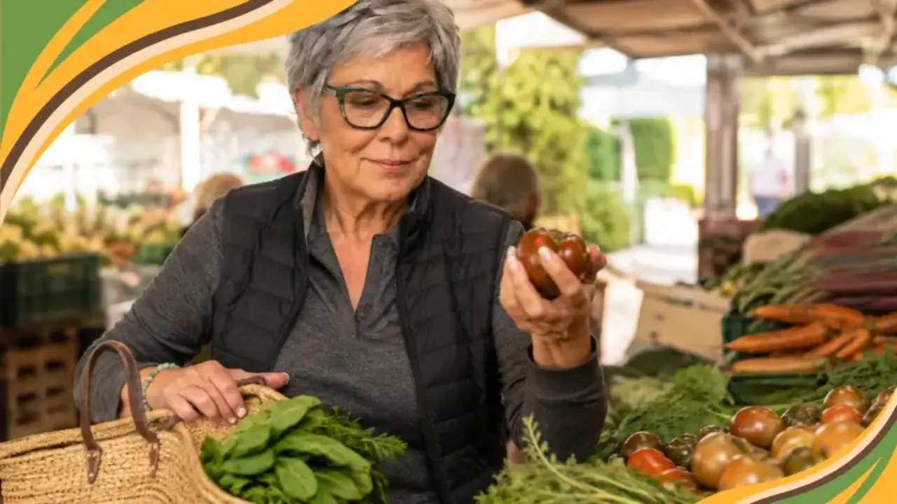 Coach Deb picks fresh produce at a market, representing the shift back toward real food that the Get Real Weight Loss approach has always centered on. A grounded, everyday moment, not a dramatic transformation.