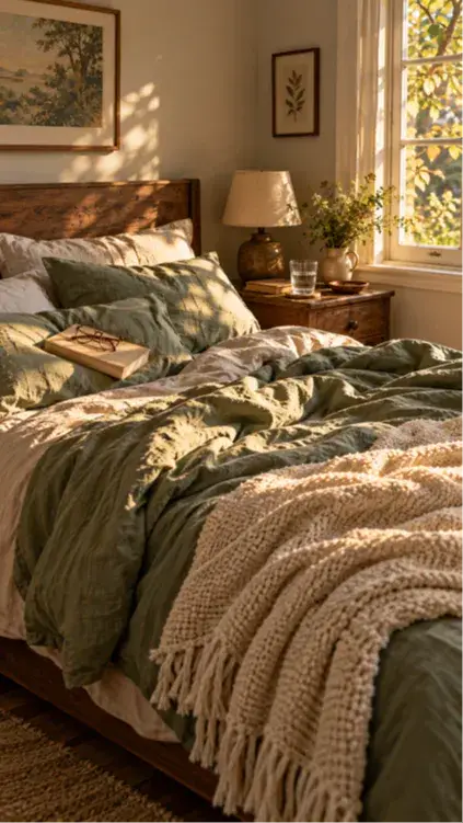 An unmade bed with sage linen sheets, a paperback, reading glasses, and soft morning light suggests a restful night. Consistent sleep influences your cortisol far more than any single food, which is why rest is a key piece of the story behind foods that spike cortisol.
