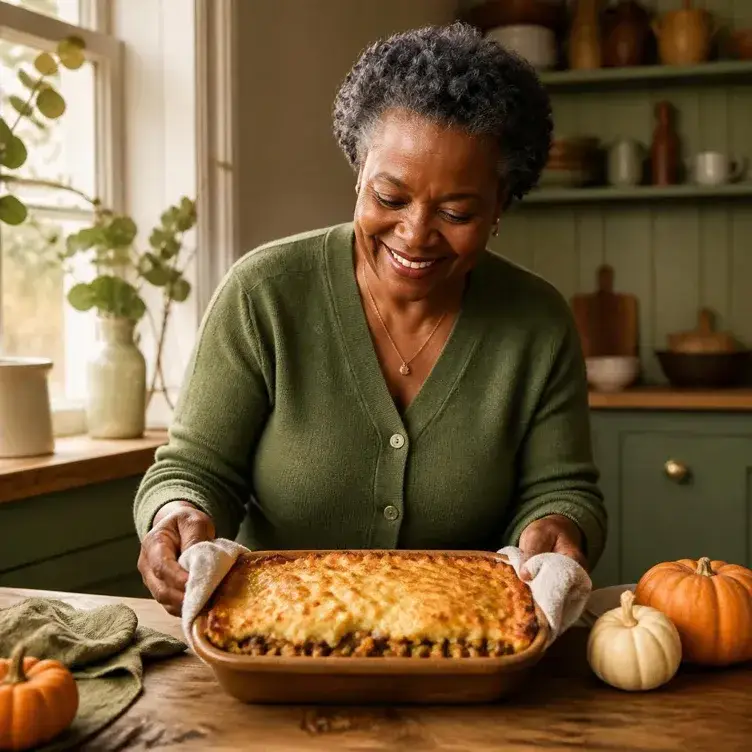 woman in green sweater places freshly-made shepherds pie on the kitchen countertop