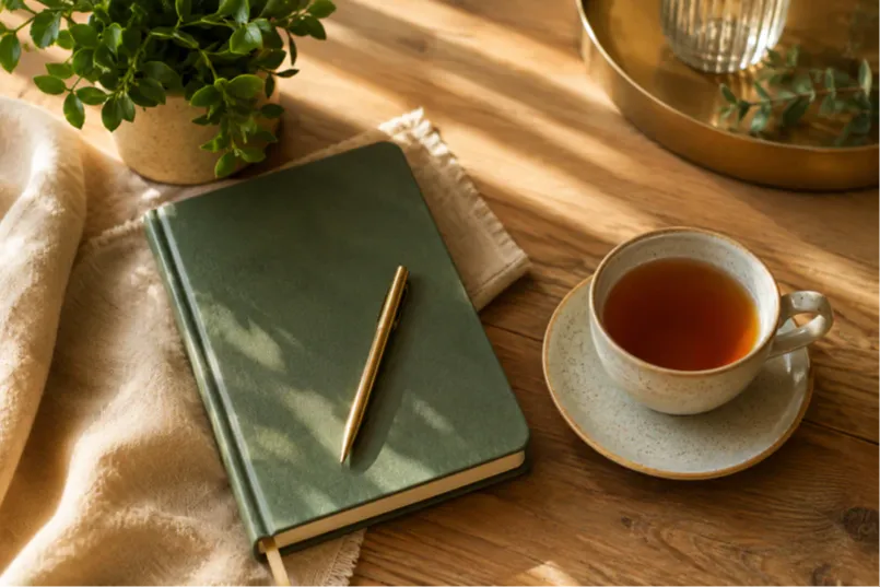 A flat lay of an open journal, pen, small green plant, and cup of tea on a warm wood surface, bathed in soft natural light. The arrangement reflects the thoughtful, self-compassion focus of a weight loss mindset practice. Simple, grounded, and real &mdash; just like the Get Real Weight Loss approach.