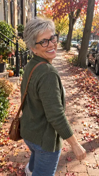 Coach Deb. walks along a quiet tree-lined sidewalk in soft morning light, smiling as she looks up. Walking at your own pace is a gentle way to find hope, calm, and real movement in everyday life.