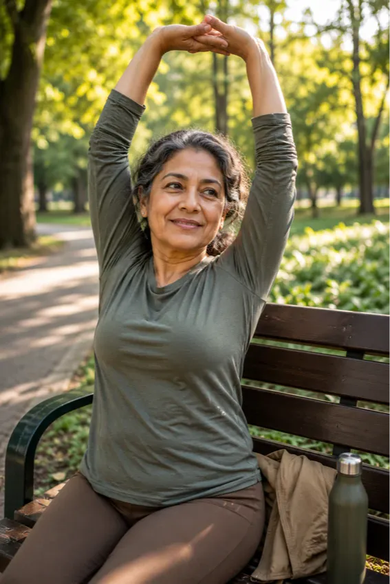 A South Asian woman in her mid-50s stretches her arms overhead on a park bench after a walk, illustrating the restorative power of walking and strength training as a weight loss approach that honors the body and supports long-term health for women over 50. 