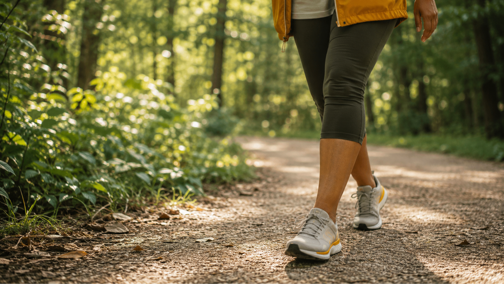 A woman's legs in comfortable sneakers mid-stride on a shaded walking path in soft morning light. Walking most days is the foundation of smarter exercise after 50, gentle on joints and easy to repeat. It proves consistent movement doesn't need to be intense to count.