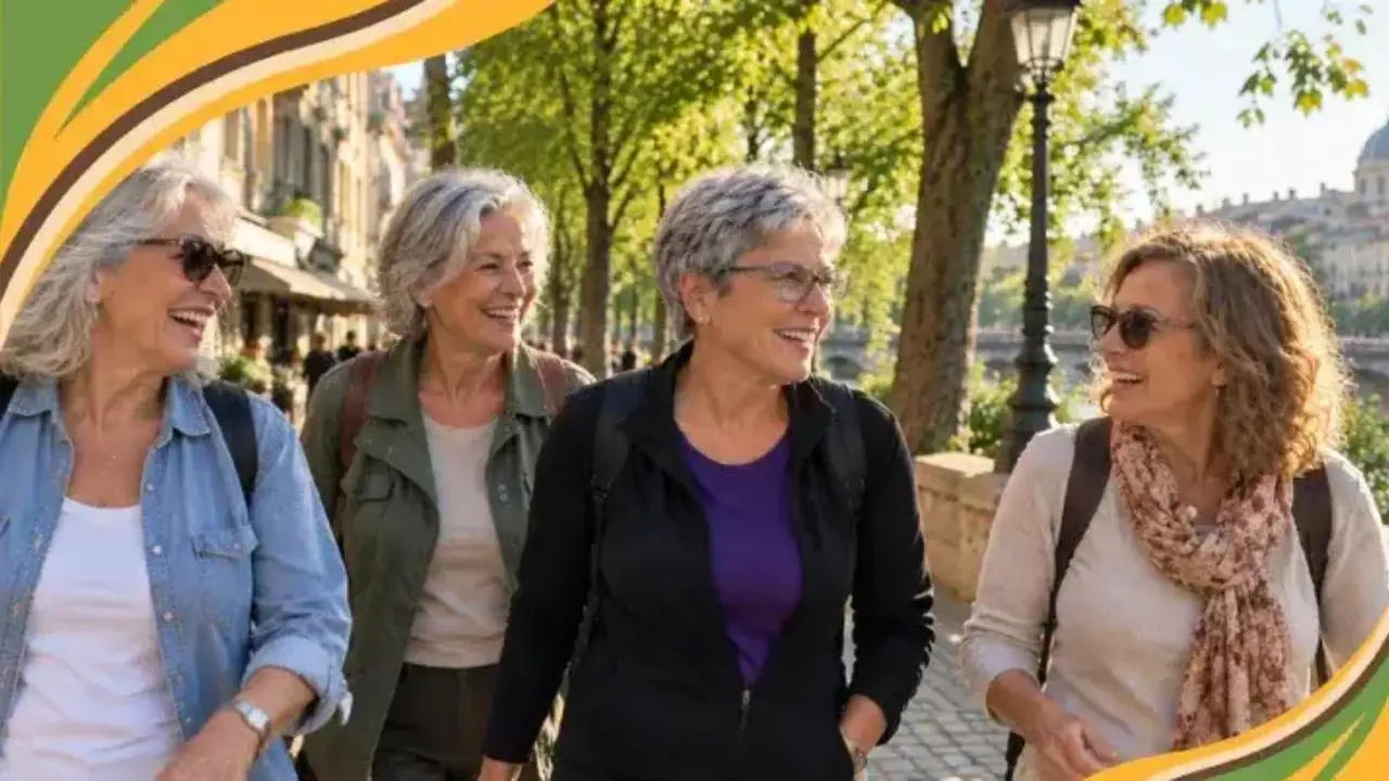 A group of women over 50 laugh together while walking along a sunny tree-lined path in a historic city. Walking with friends is a joyful form of real movement that lifts the spirit and builds connection.