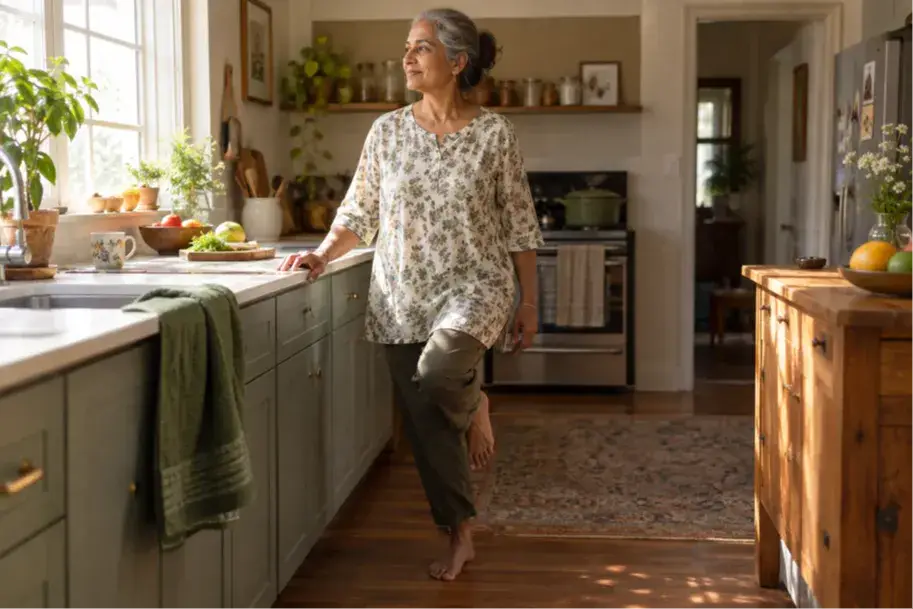 A woman in her late sixties practices a single leg stand at her kitchen counter with one hand resting on the edge for support. This is the first balance drill in the routine, done barefoot in soft window light.