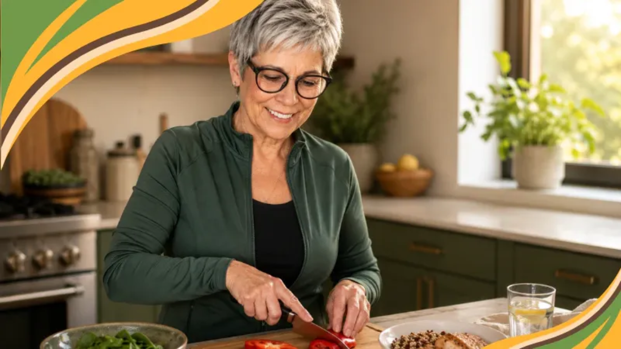 Coach Deb stands at a sunlit kitchen counter, thoughtfully preparing a colorful, balanced meal with fresh vegetables and lean protein. Her relaxed, confident expression reflects the joy of nourishing her body, not restricting it. This image captures the sustainable weight loss philosophy at the heart of Get Real Weight Loss for women over 50.