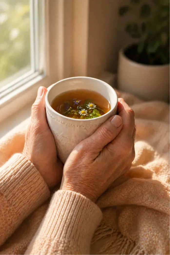 hands wrapped around a mug of chamomile tea