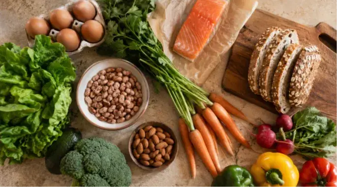 A simple counter spread of whole foods, eggs, vegetables, beans, fish, and whole grains, showing what real food actually looks like day to day, not a styled diet ad.
