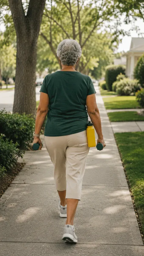 Seen from behind, a woman in her 60s walks down a quiet sidewalk carrying light hand weights, relaxed and unhurried. The image captures the calm, sustainable spirit of exercise after 50: consistent movement chosen out of self-respect, not punishment.