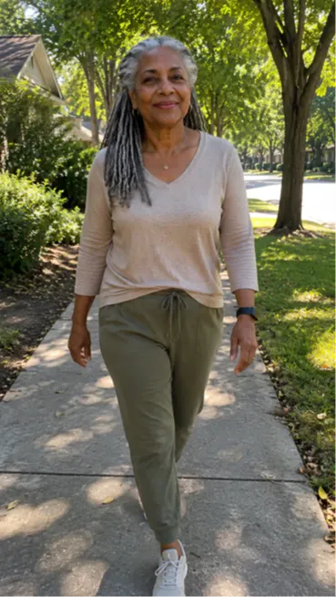 Older woman with long gray locs walking confidently along a sunny suburban sidewalk lined with trees and houses. She&rsquo;s wearing a light beige long-sleeve top, olive green joggers, white sneakers, and a smartwatch, with soft sunlight filtering through the trees around her.