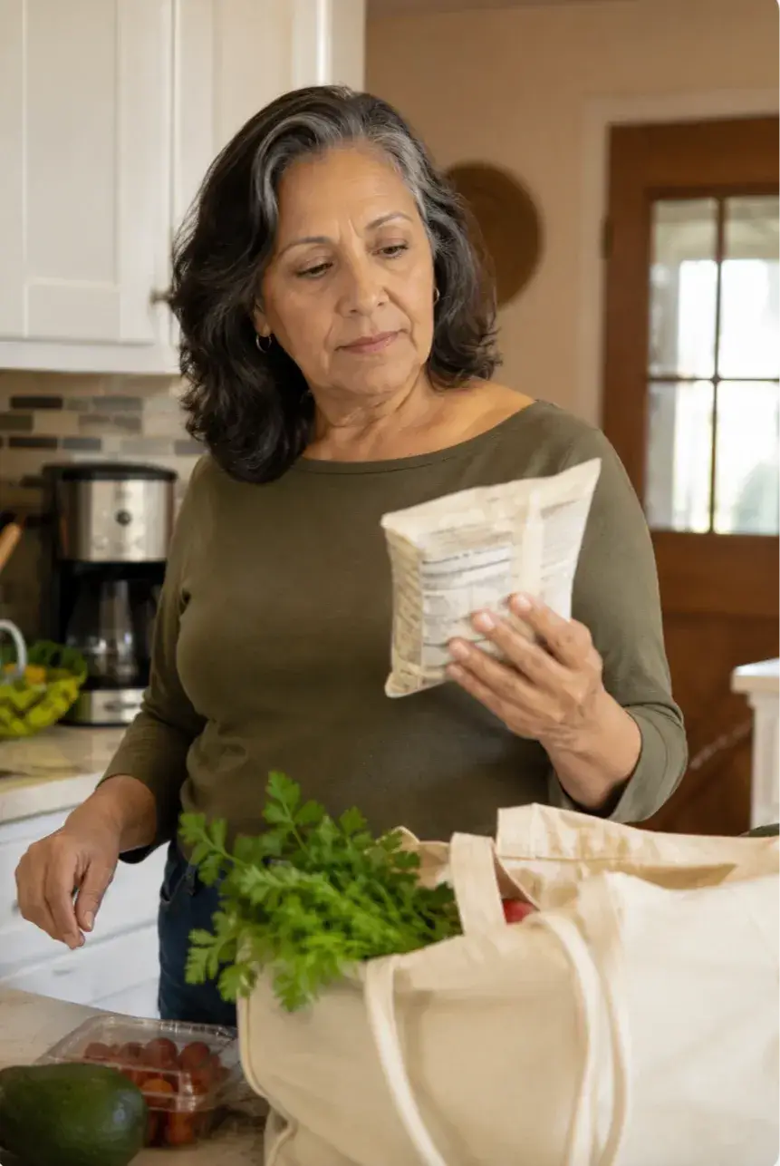 A woman reads a food label with calm curiosity, reflecting the kind of informed, judgment-free choices that support a real food way of eating rather than fear-based rules.