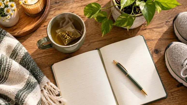     Open journal with a pen beside a steaming cup of herbal tea, houseplant, flowers, candle, and walking shoes on a warm wooden table.