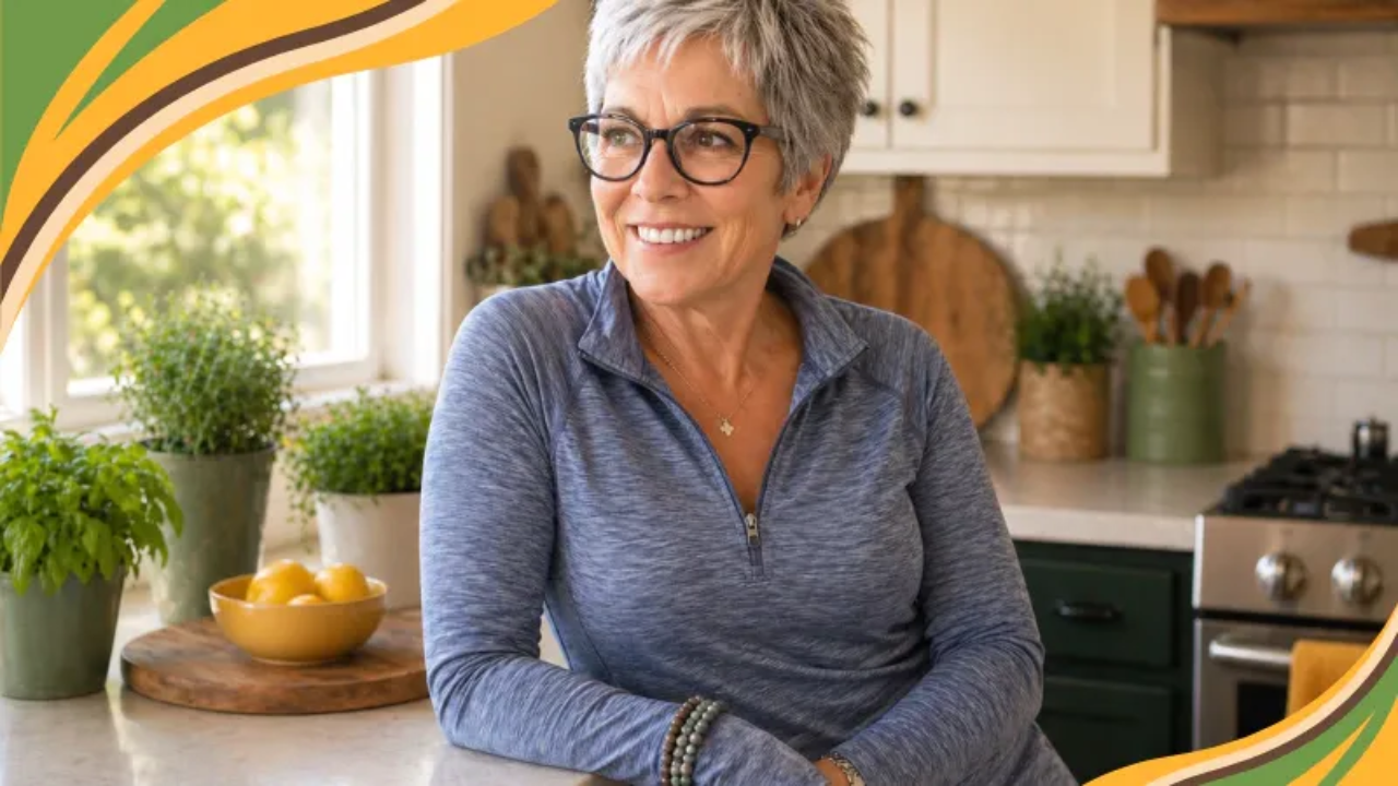 Coach Deb stands in her sun-lit kitchen, relaxed and smiling naturally. The warm, real scene reflects the GRWL approach to gut health: nourishment without pressure, and wellness that feels like everyday life, not a chore.