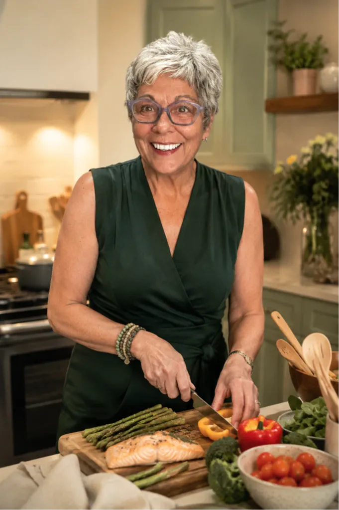 Coach Deb preps a nourishing meal in her kitchen before a night out with friends, a smart strategy for managing alcohol and food cravings. Eating protein and fiber before drinking is one of the most effective tools for women over 50 who want to enjoy social occasions without losing their healthy momentum.