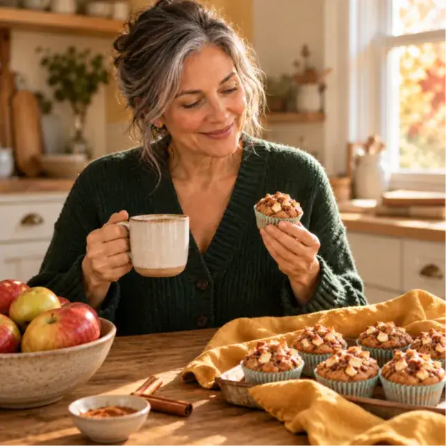 A smiling woman in her 60s sits by a sunny kitchen window holding a warm apple spice muffin and a mug of coffee. A tray of homemade muffins topped with diced apple and cinnamon sits beside fresh apples, showing an easy, cozy fall breakfast made with real food.