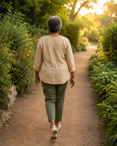 A woman in her early 60s walks away from the camera toward soft natural light on a quiet outdoor path. The image reflects the steady, hopeful feeling of building a real weight loss lifestyle that lasts well beyond any passing trend.