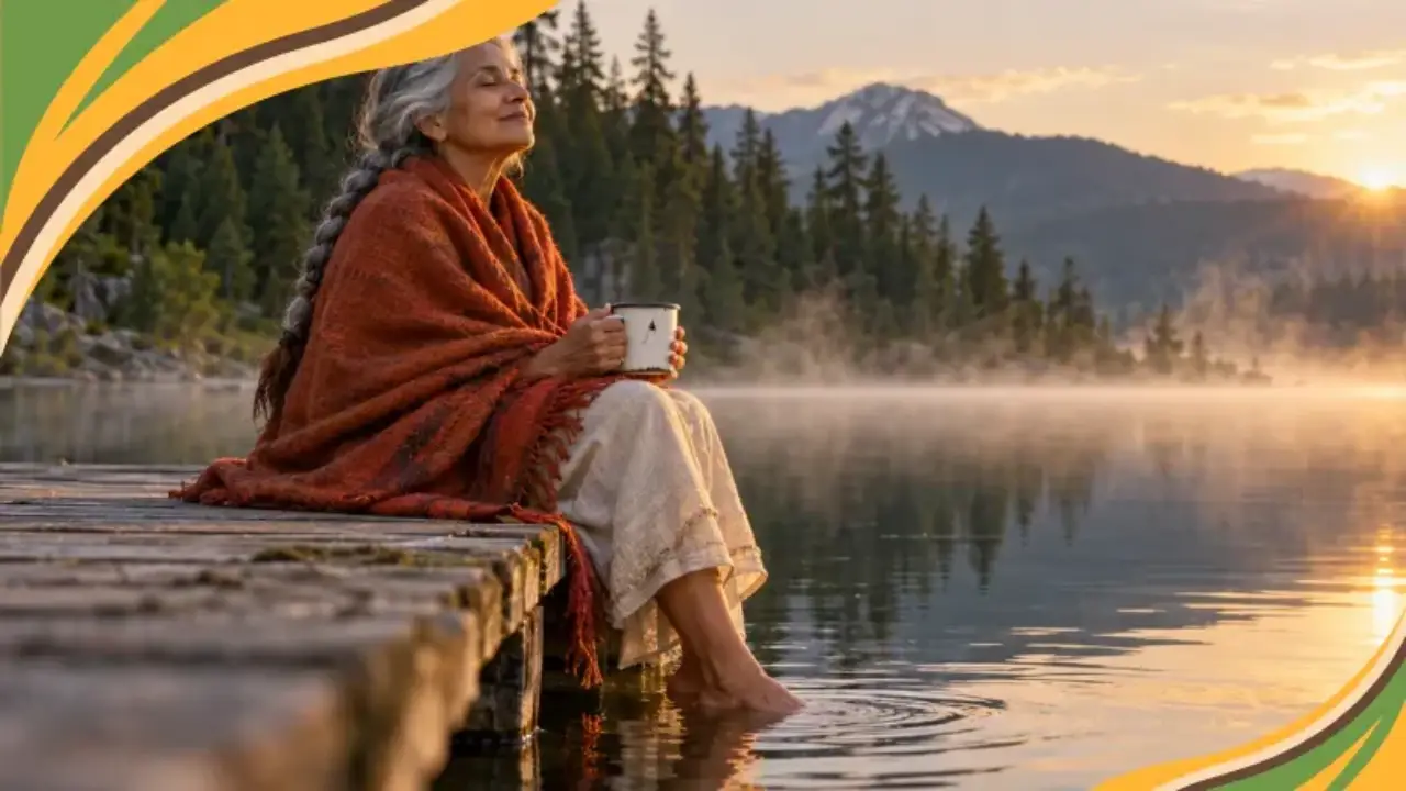 A woman in her 60s sits barefoot on a lake dock at sunrise, wrapped in a warm blanket and holding a mug, looking completely at ease. Calm moments like this shape your stress response far more than the foods that spike cortisol ever could, which is good news for women over 50.