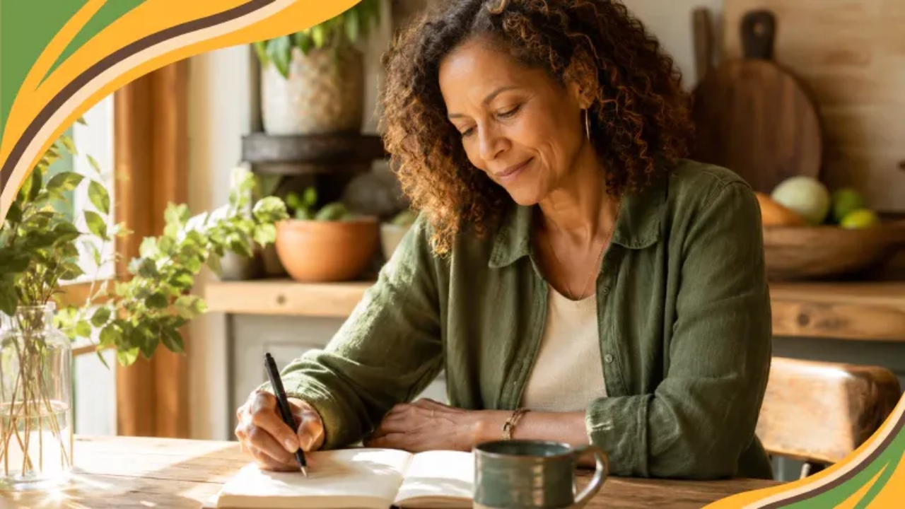 A darkhaired woman in her late 50s sits at a sunlit kitchen table, writing in a journal with a warm, peaceful expression and a cup of tea beside her. She embodies the quiet power of a healthy weight loss mindset. The scene is natural and warm, reflecting the compassionate approach of Get Real Weight Loss for women 50+.