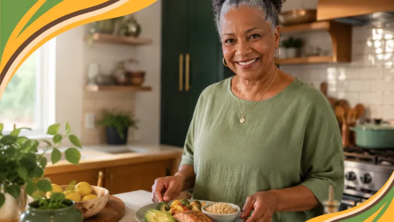 A confident African American woman in her 60s prepares a colorful, balanced meal in a bright, sunlit kitchen, with salmon, roasted vegetables, avocado, and rice on the counter. The scene feels warm, real, and nourishing, reflecting the GRWL approach to simple eating for weight loss after 50.