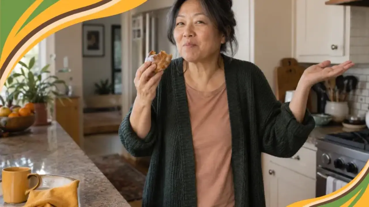 A woman in her 50s enjoys a bite of pastry in her kitchen with an easy, unbothered shrug, capturing what letting go of the all-or-nothing mindset actually looks like in real life: no guilt, no spiral, just a normal moment