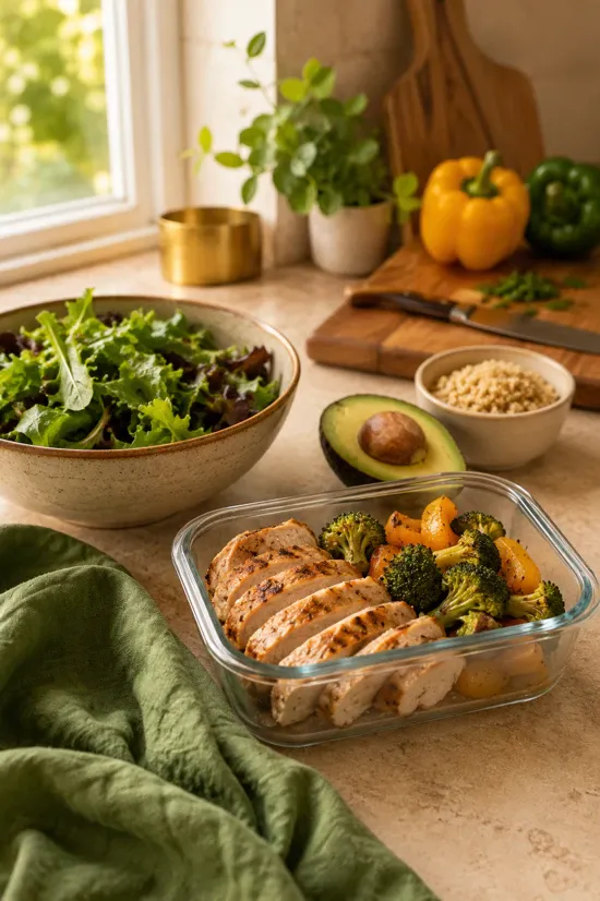 A tall lifestyle photo of a meal-prep spread on a warm kitchen counter, featuring sliced chicken, mixed greens, avocado, and quinoa in natural light. The scene captures the simple, intentional side of simple eating for weight loss: prepped, real, and ready to go.