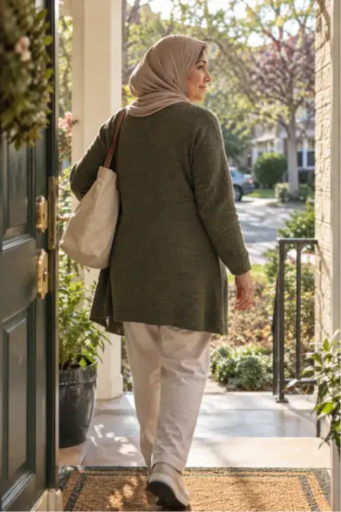 A woman in her 60s steps out her front door into the morning light, a quiet, ordinary moment that reflects how progress really works: no dramatic restart, just continuing forward one choice at a time.