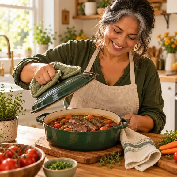 A smiling woman in her late 50s lifts the lid from a dutch oven filled with tender braised beef brisket, carrots, and tomatoes. This cozy fall recipe is a real-food dinner that fits a nourishing way of eating for women over 50.