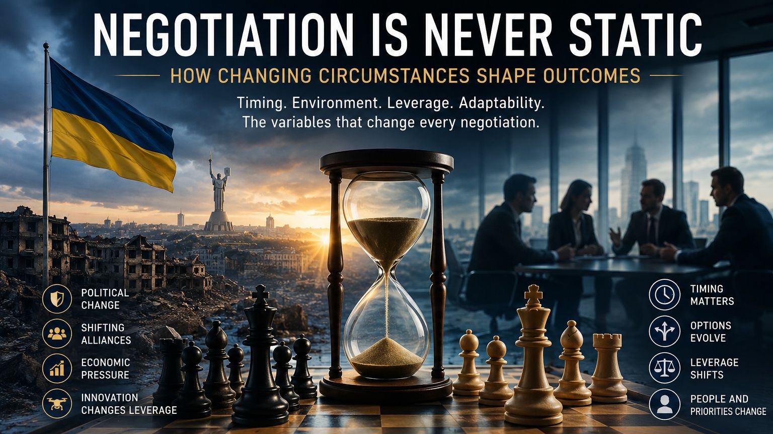 Negotiation Is Never Static blog image showing an hourglass between a war-torn Ukrainian landscape and a modern business negotiation meeting, symbolising how timing, leverage, politics, innovation and changing circumstances influence negotiation outcomes.