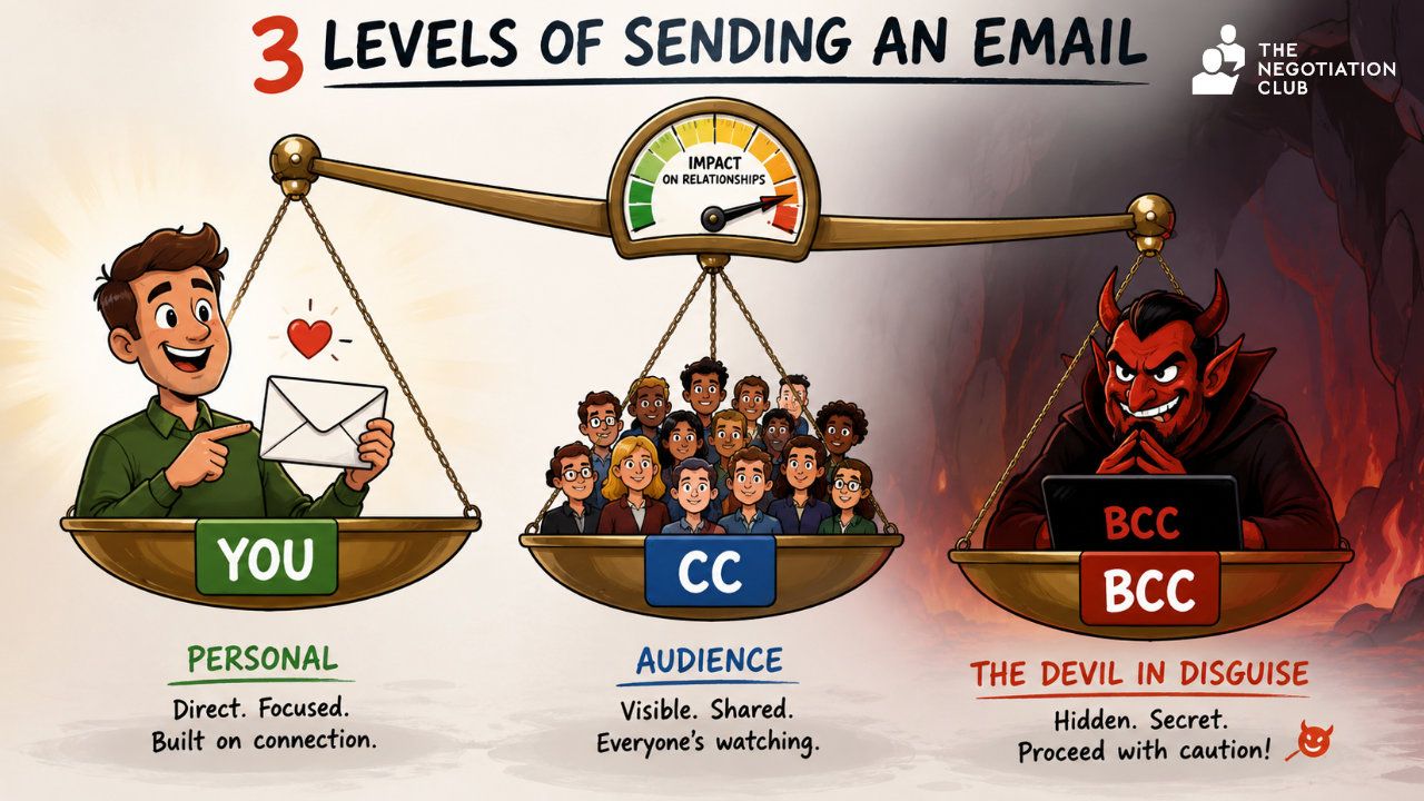 Illustration comparing the three levels of sending an email: YOU for personal one-to-one communication, CC for a visible audience, and BCC as a hidden recipient, showing how each choice affects trust, relationships and negotiation.