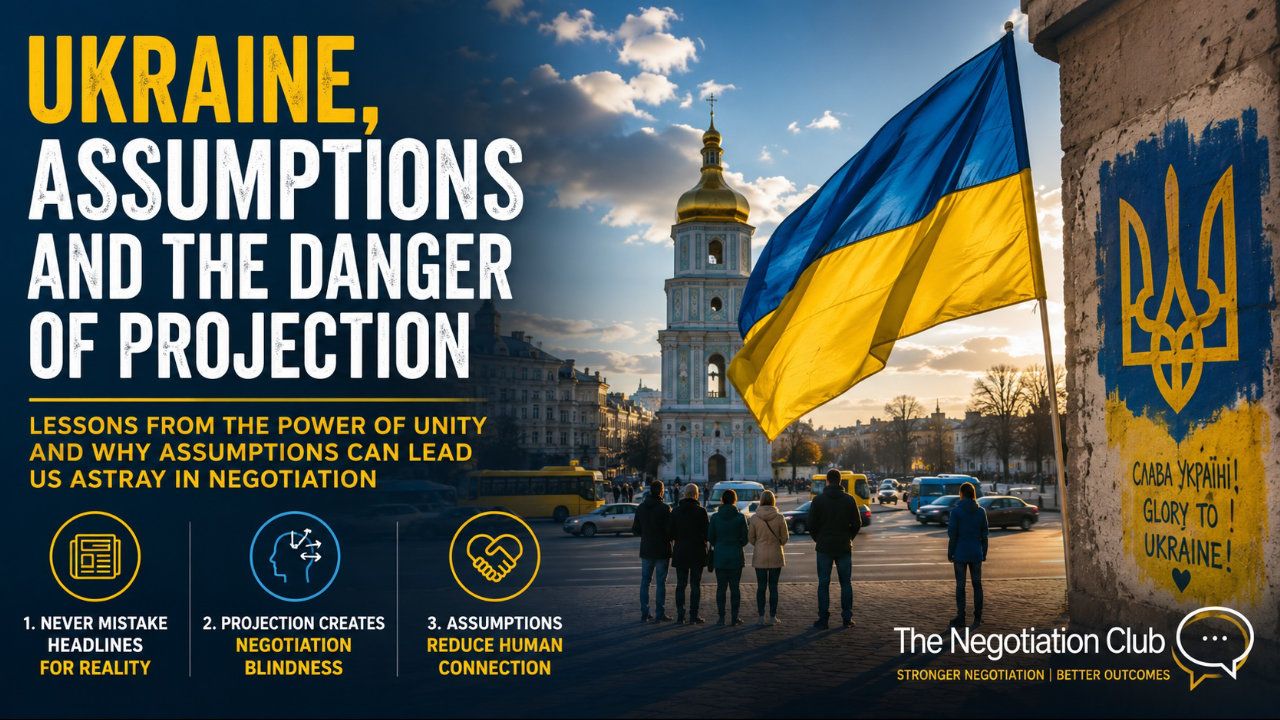 Ukraine city scene with people standing in silence beside stopped vehicles beneath a large Ukrainian flag, illustrating unity, resilience, and the negotiation dangers of assumptions and projection.