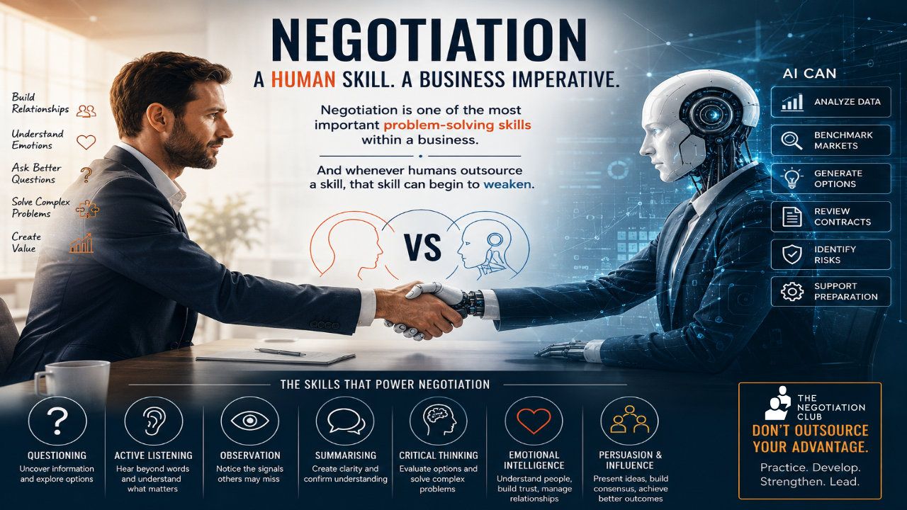 Business professional shaking hands with an AI robot, illustrating the debate over whether organisations risk outsourcing human negotiation skills to artificial intelligence.