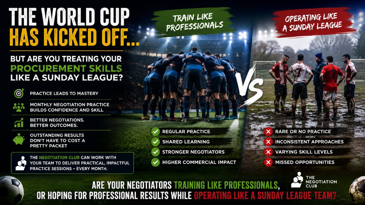Procurement negotiation skills compared to football training, showing professional athletes versus a muddy Sunday League team to illustrate how regular practice creates stronger negotiators and better commercial outcomes.